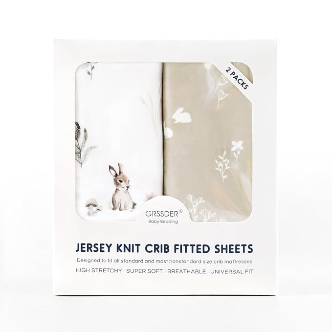 GRSSDER Stretch Ultra Soft Jersey Knit Fitted Crib Sheets Set 2 Pack,Fit All Standard Crib Mattress Pads Safe and Snug, Crib Fitted Sheet for Boys and Girls, Stylish Watercolor Rabbit Pattern