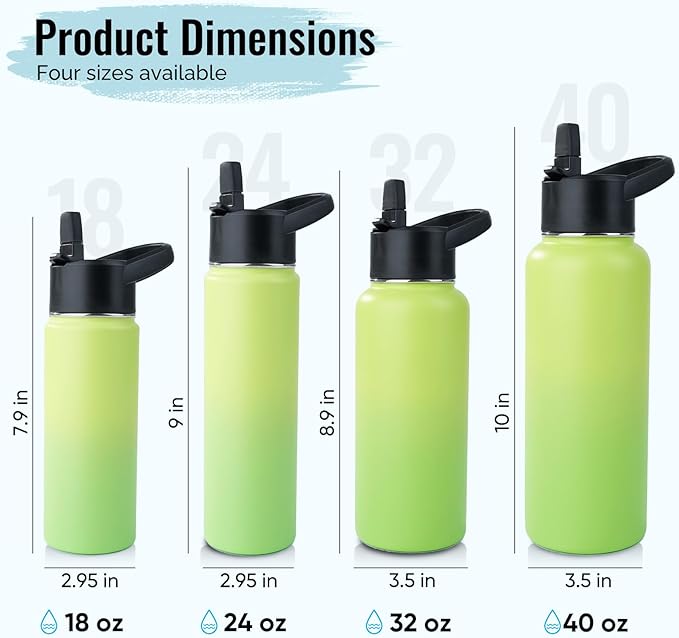 Stainless Steel Water bottle with Straw & Wide Mouth Lid, Wide Rotating Handle, 40oz Double Wall Vacuum Insulated Water Bottle Leak Proof, BPA Free, Keep Cold and Hot, 40oz, Green Gradient