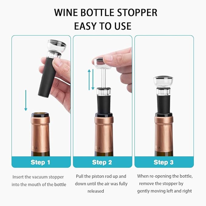 Wine Stopper set, Wine Bottle Stopper with Built-in Vacuum Wine Saver Pump Food-safe Silicone Caps (2), 3.5*1.2 Inches, Black