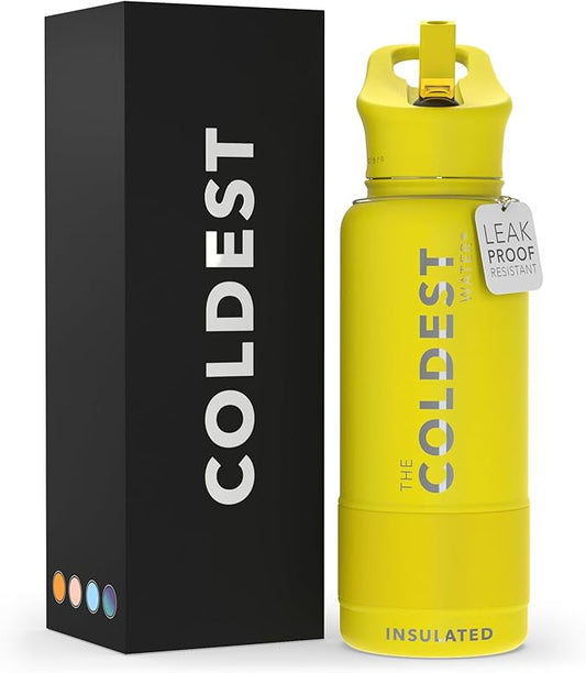 Coldest Sports Water Bottle with Straw Lid Vacuum Insulated Stainless Steel Metal Thermos Bottles Reusable Leak Proof Flask for Sports Gym (Solar Yellow, 32 oz)