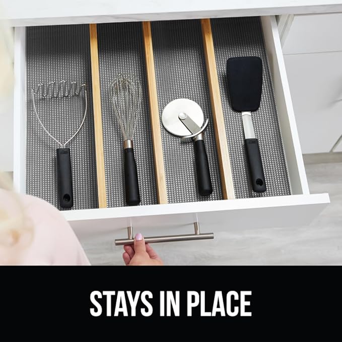 Gorilla Grip powerGRIP Drawer Shelf and Cabinet Liner, Thick Strong Hold, Non-Adhesive Liners Protect Kitchen Cabinets and Cupboard, Bathroom Drawers, Easy Install, Breathable Mat, 12" x10', Gray