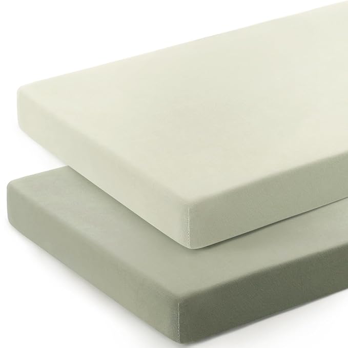 GRSSDER Mini Crib Sheets Fitted, Pack and Play Sheets 2 Pack, Ultra Soft Stretchy Pack N Play Sheets, Universal Fit for Playard Mattress, Jersey Crib Sheets for Boys and Girls, Sage Green