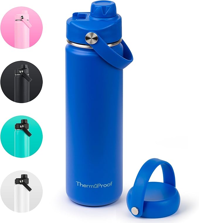 ThermoProof Hot & Cold Insulated Stainless Steel Water Bottle, Durable Leak Proof Gym Bottles for Men, Women & Kids, Double Walled Vacuum Bottles - 2 Lids (Blue, 22oz)