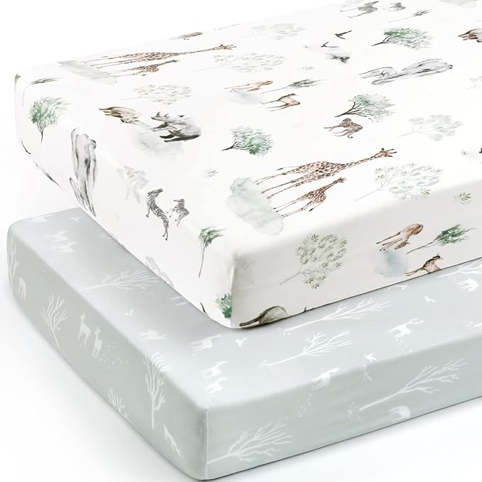 GRSSDER Stretch Ultra Soft Jersey Knit Fitted Crib Sheets Set 2 Pack,Fit All Standard Crib Mattress Pads Safe and Snug, Crib Fitted Sheet for Boys and Girls, Pretty African Savannah Animals Pattern