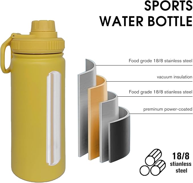 18oz Insulated Water Bottle ,Stainless Steel Sports Water Cup Flask with 2 Lids, Wide Mouth Travel Thermal Mug,Outdoor Sports Bottle(Mango yellow)