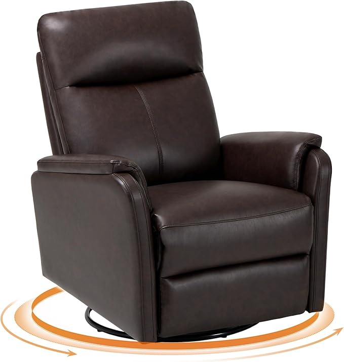 Swivel Rocking Recliner Glider Chair, Leather Reclining Rocker Chair with Footrest for Living Room, Nursery, Office, Bedroom, Ergonomic High Backrest, Wide Seat Cushion and Metal Base-Chocolate