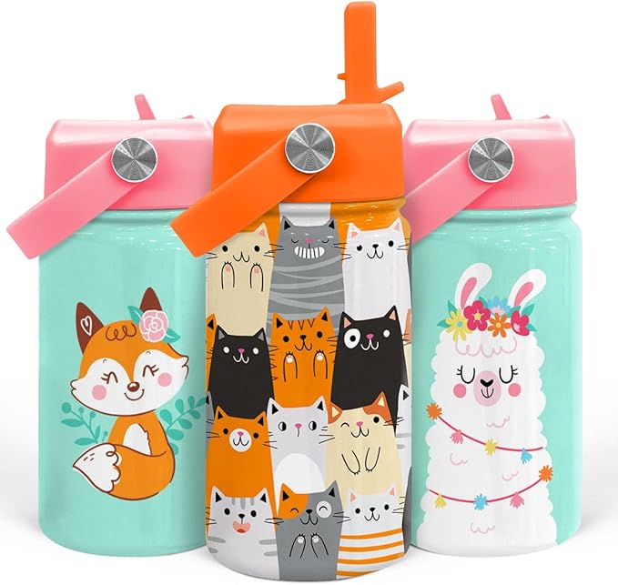 Cat Water Bottle - Kids Water Bottle with Straw Lid - 12 Oz Insulated Stainless Steel Water Bottles for Toddlers Kid Boys Girl - Travel Cup for School Sports