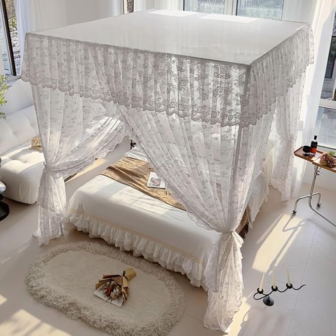 Elegant Princess 4 Corner Post Mosquito Net Romantic for Girls Women Bed Curtain Canopy for Adult Wedding Bedroom Kids Rooms Decoration (Type2-Beige-White, King)
