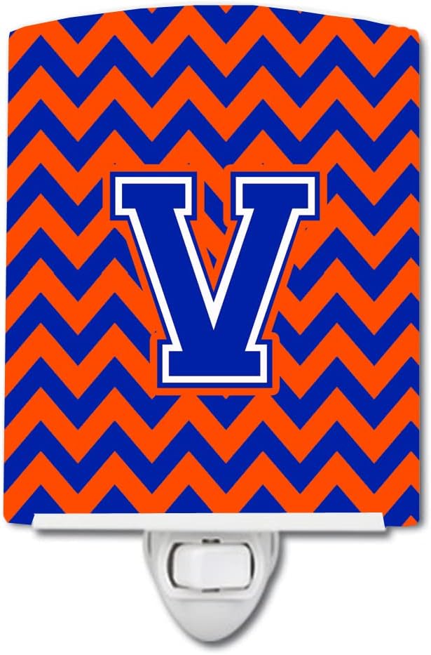 Caroline's Treasures CJ1044-VCNL Letter V Chevron Orange and Blue Ceramic Night Light Compact, UL-Certified, Ideal for Bedroom, Bathroom, Nursery, Hallway, Kitchen, 6x4x3, Multicolor