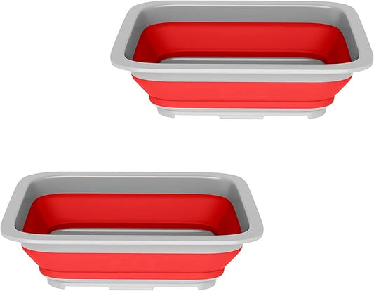 Set of 2 Multipurpose Wash Bins – 10-Liter Basins for Camping, Parties, or Cleaning – Collapsible Bucket Set by Wakeman (Red)