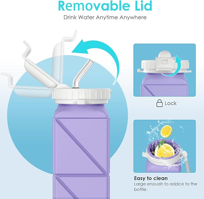 Collapsible Water Bottles 20.7oz Leakproof with Straw Lid Food-Grade BPA-Free Silicone Travel Foldable Water Bottles for Sports Office Gym Hiking Driving 610ML (Type2 Light Purple)