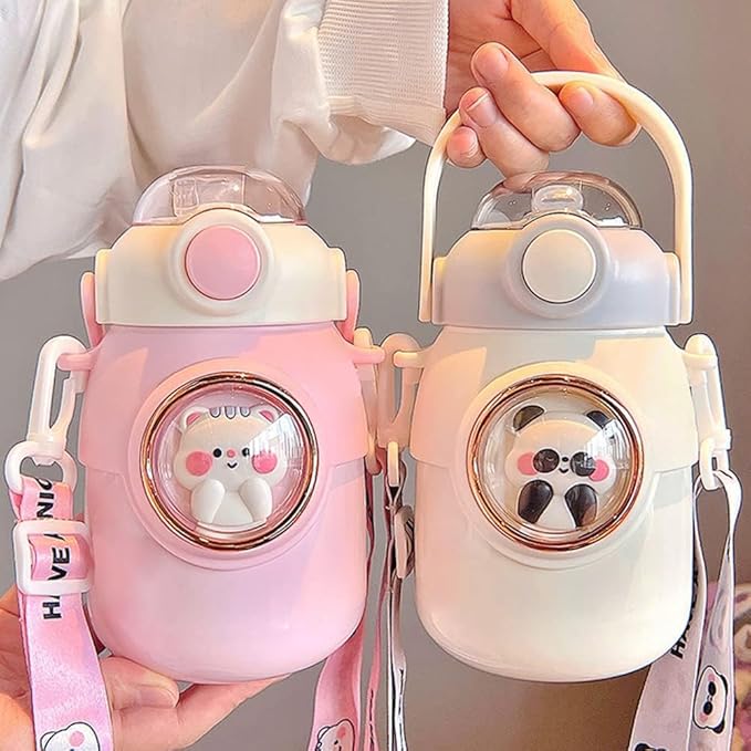 Kawaii Water Bottle with Straw,Travel Cute Water Bottles with Adjustable Strap Leak Proof BPA Free Wide Mouth Water Cup with Lid for Girls(Yellow)