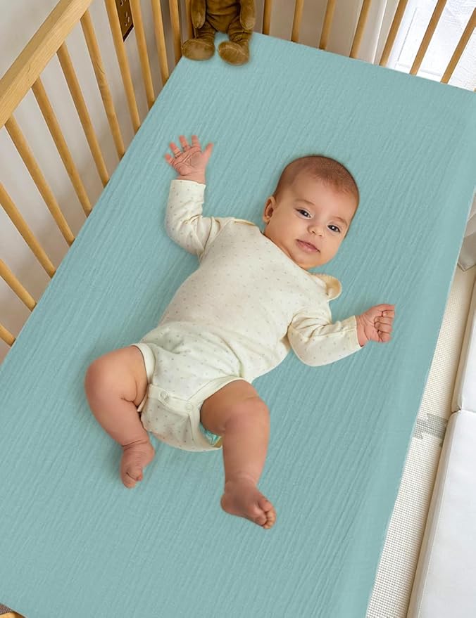 Light Blue Small Pack and Play Mattress Sheets, 39"x27" Neutral Baby Sheets for Pack and Play, Muslin Mini Crib Sheets or Playpen Mattresses Cover for Baby Boys and Girls (46P-05)