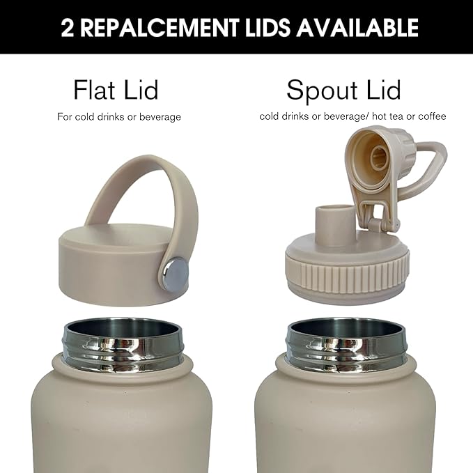 32oz Insulated Water Bottle ,Stainless Steel Sports Water Cup Flask with 2 Lids, Wide Mouth Travel Thermal Mug,Outdoor Sports Bottle(Cream apricot)