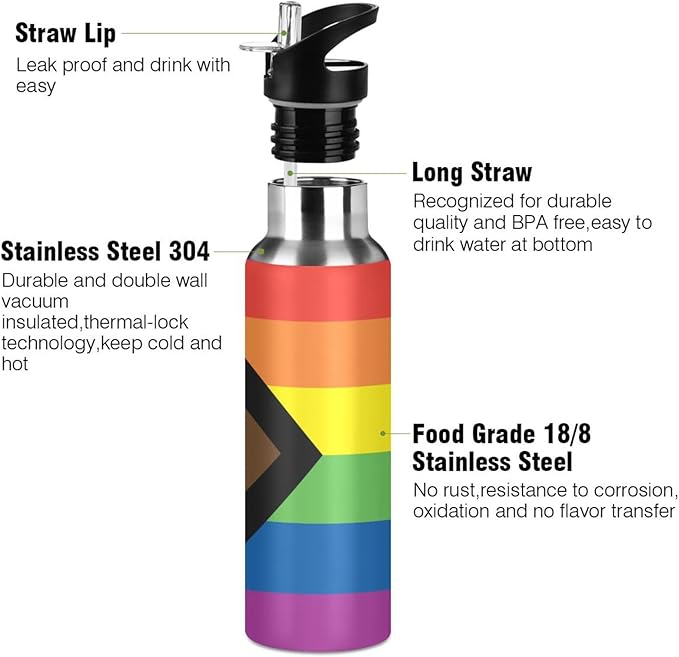 20oz Gay LGBT Progress Pride flag Sports Water Bottle,Double Wall Vacuum Insulated Stainless Steel Lesbian Water Bottle with Straw Keeps Hot& Cold, Bike Gym Travel Pride Day Month Gifts