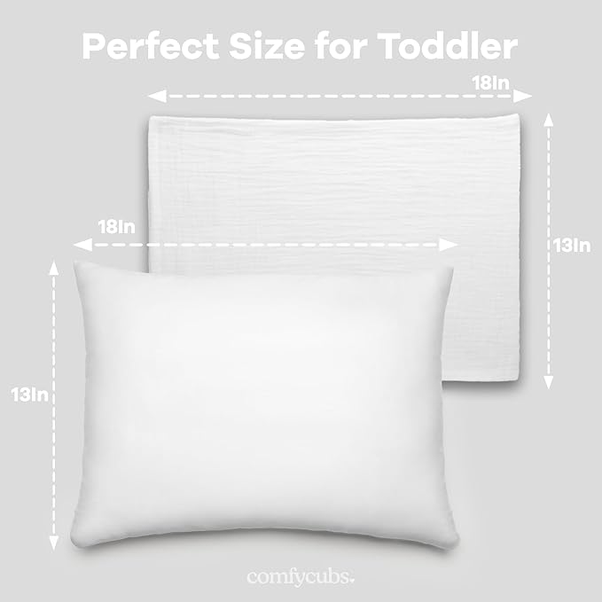 Comfy Cubs Toddler Pillow with Soft Muslin Pillowcase, 13"x18", White (2 Pack) - Kids Pillow for Sleeping & Travel - Comfortable Small Pillow - Kids Travel Pillow with Breathable Microfiber Fill