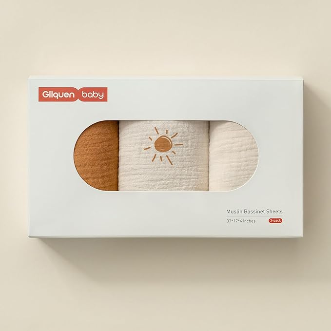 Gllquen Baby Muslin Bassinet Sheets 3 Pack, Breathable Elastic Cozy Fitted Cotton Bassinet Mattress Sheet for Baby Boy Girls, Fit for Hourglass Oval Rectangular Cradle Pad Sheets 33"X17" (Sunshine)