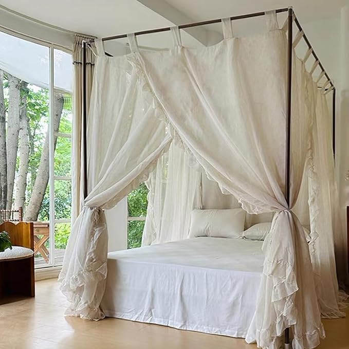 Elegant Modern Linen Princess 4 Corner Post Mosquito Net Romantic for Girls Women Bed Curtain Canopy for Adult Wedding Bedroom Kids Rooms Decoration (White-Beige, King)