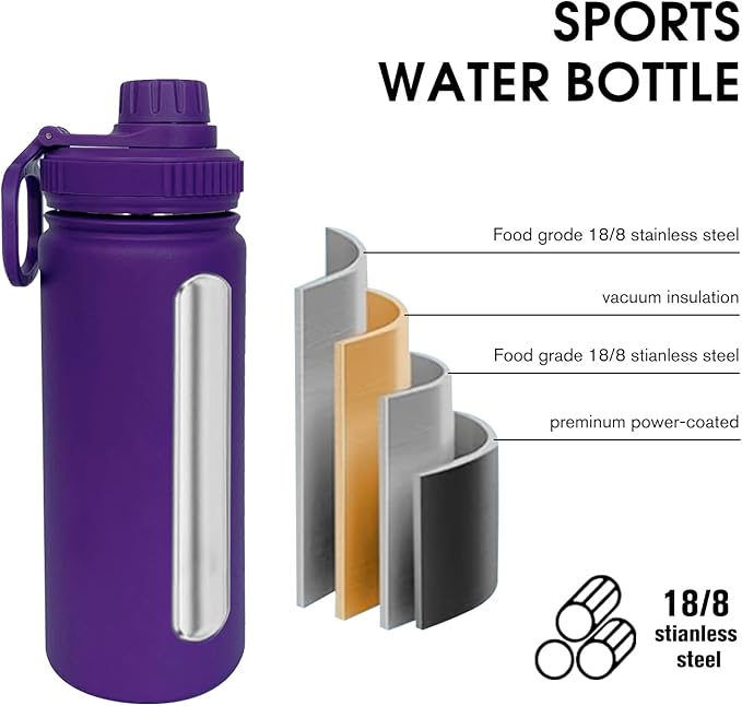 18oz Insulated Water Bottle ,Stainless Steel Sports Water Cup Flask with 2 Lids, Wide Mouth Travel Thermal Mug,Outdoor Sports Bottle(Purple)