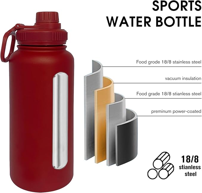 32oz Insulated Water Bottle ,Stainless Steel Sports Water Cup Flask with 2 Lids, Wide Mouth Travel Thermal Mug,Outdoor Sports Bottle(Deep red)