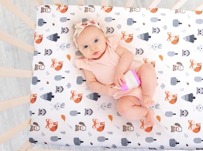 4 Pack Woodland Forest Animals Wood Neutral Unisex Fitted Baby Crib Sheets Set for Baby Boys or Girls Fox