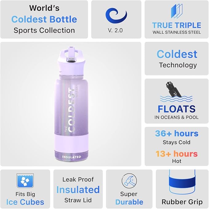 Coldest Sports Water Bottle with Straw Lid Vacuum Insulated Stainless Steel Metal Thermos Leak Proof Flask for Sports Gym (32 oz, Purple OmbrΓ© Glitter)