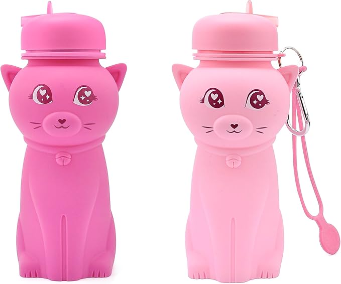 Cat Water Bottle,Collapsible Water Bottle for Kids,Cute Water Bottles -kawaii Cat Appearance - Portable Leak Proof with Roll Up Foldable Silicone Features for Sports,BPA Free (pink)