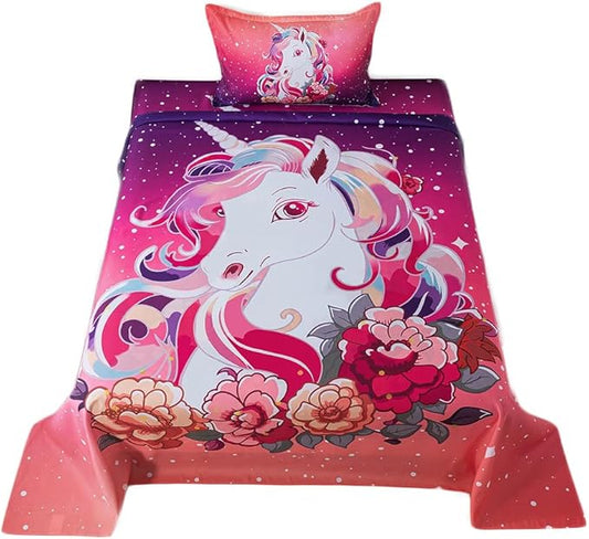 qjmiaofang Unicorn Sheets Twin for Girls Unicorn Sheet Set Floral Unicorn Bed Sheet Set 3Pieces Rainbow and Unicorn Bedding Set Princess Unicorn Bed Set 1 Falt Sheet 1 Fitted Sheet 1 Pillow Shams