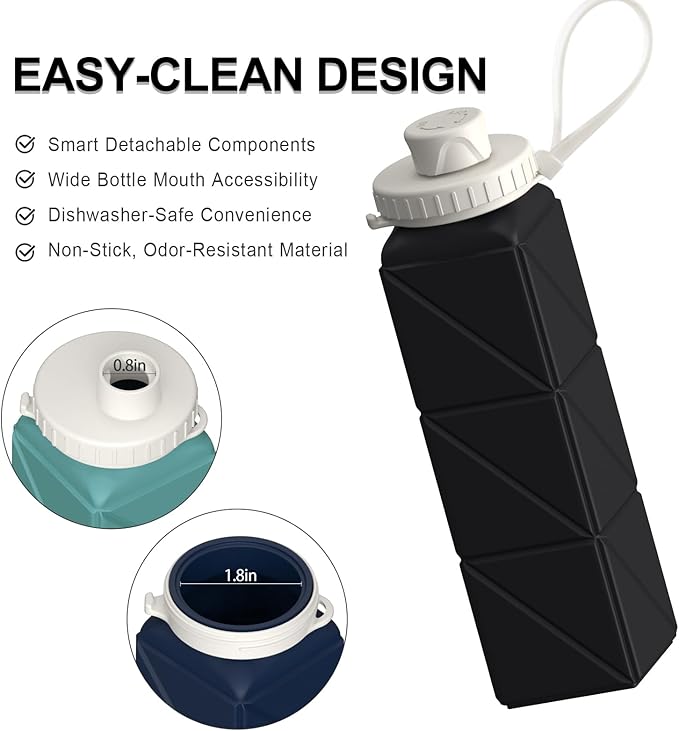 Collapsible Water Bottles, Silicone Foldable Portable Water Bottle 610ml, Lightweight Reusable Leakproof for Sports and Outdoor, 1 Pack (Black)