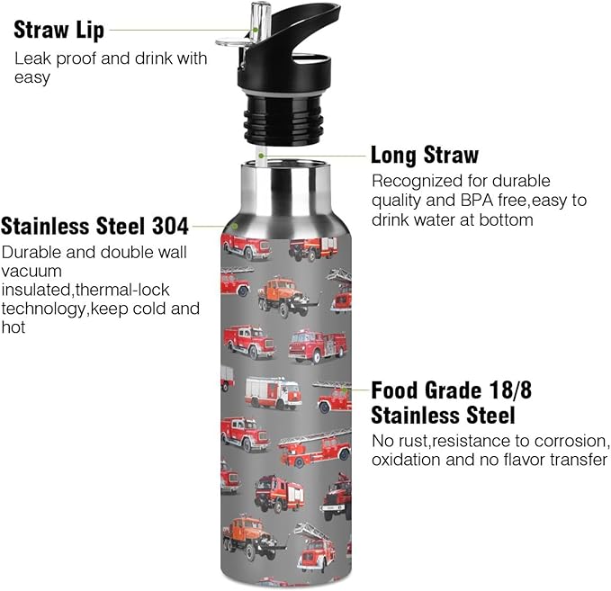 Fire Truck Stainless Steel Water Bottle with Straw Lid - 20 Oz Sports Insulated Water Bottle Thermos for Sport Gym Outdoor Travel School (DZ006)