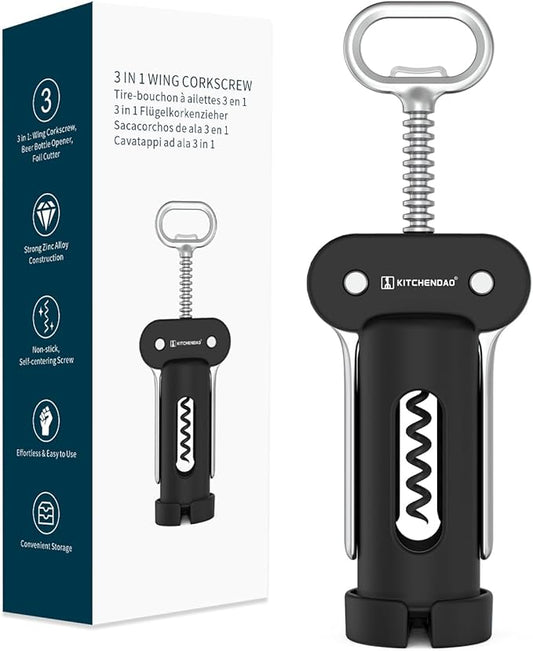 KITCHENDAO 3 in 1 Wing Corkscrew Wine Bottle Opener with Foil Cutter, Built-in Beer Bottle Opener, Multifunctional Wine Opener with Non-Stick Sharp Screw,Easy to Use, Manual Wine Corkscrew,Black