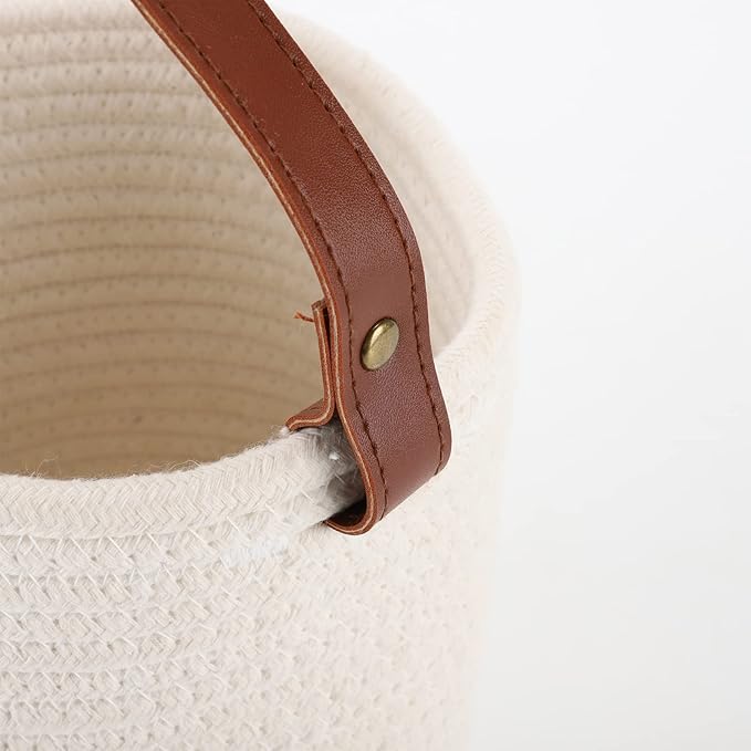 Hanging Basket(2Piece) Wall Woven Cotton Rope Storage Basket with Leather Decorative Baskets Organizer for Kitchen Office Bedroom,Plants,Towels, Toys