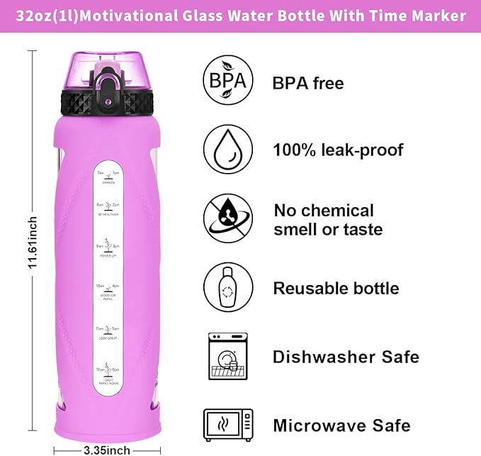 GOPPUS Glass Water Bottles with Straw and Flip Lid, Motivational Water Bottles with Time Marker Reminder and Silicone Sleeve, Leakproof, BPA Free (32 oz, Purple)