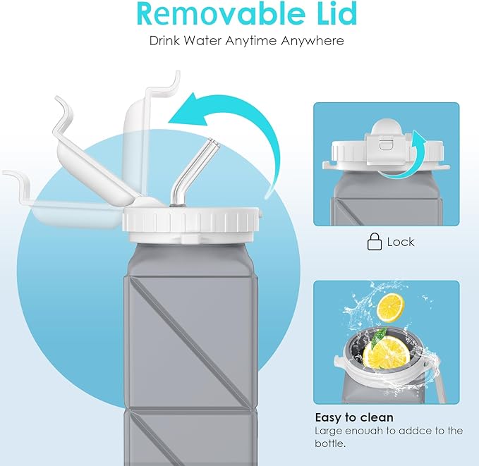 Collapsible Water Bottles,BPA-Free Leak-Proof Silicone Foldable Water Bottle Cup 20.6oz,Durable Lightweight Bottle for Gym Travel Camping Hiking Running (Type2 Grey)