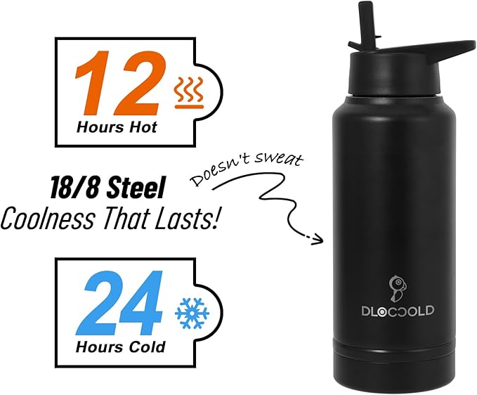 DLOCCOLD 32 oz sports water bottle Insulated Stainless Steel Water Bottle with straw & pills holder, Reusable Double Walled Water Bottle for Sports, Gym, Travel, Men, Women & Kids W/ 4 Leak Proof Lids