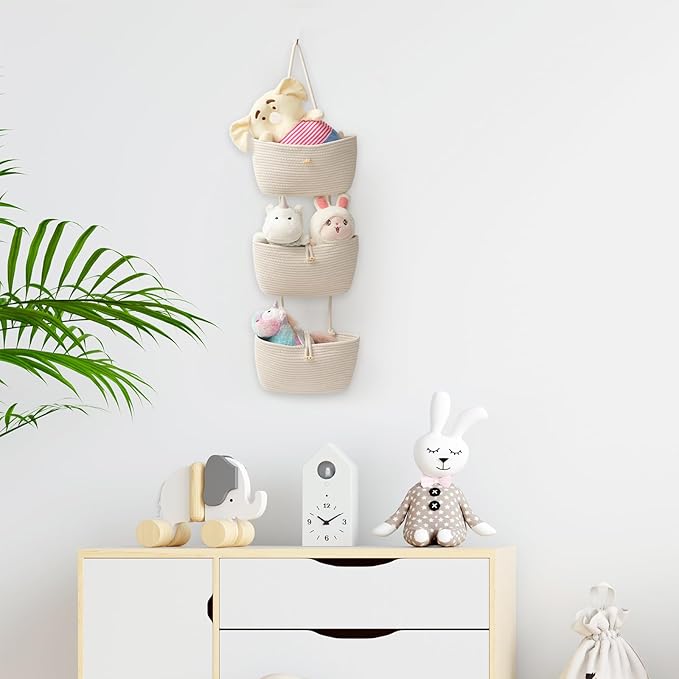 TeoKJ Over the Door Hanging Baskets with Button Strap, 3-Tier Woven Cotton Storage Organizer Bag, Wall-Mounted with Hook Decorative Hanging Kitchen Baskets - White