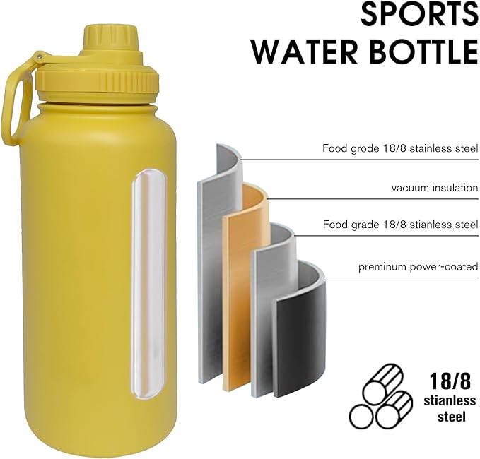 32oz Insulated Water Bottle ,Stainless Steel Sports Water Cup Flask with 2 Lids, Wide Mouth Travel Thermal Mug,Outdoor Sports Bottle(Mango yellow)