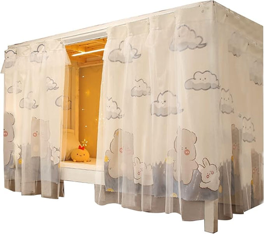 Beautiful Gauze Bunk Bed Curtains Drapes with Lace Privacy Bed Canopy for Bottom, 2 Panels, Bear Rabbit