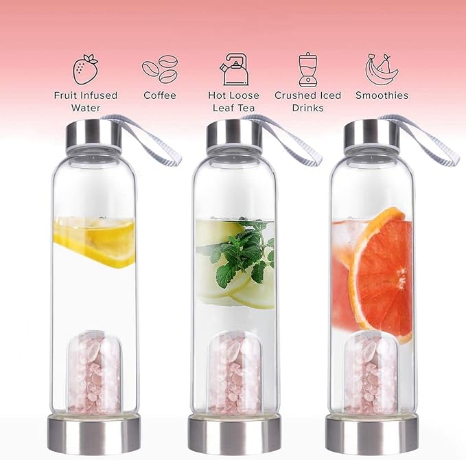 Crystal Glass Water Bottle, Glass Water Bottle with Changeable Natural Crystal Center, Quartz Gemstone Water Bottle for Natural