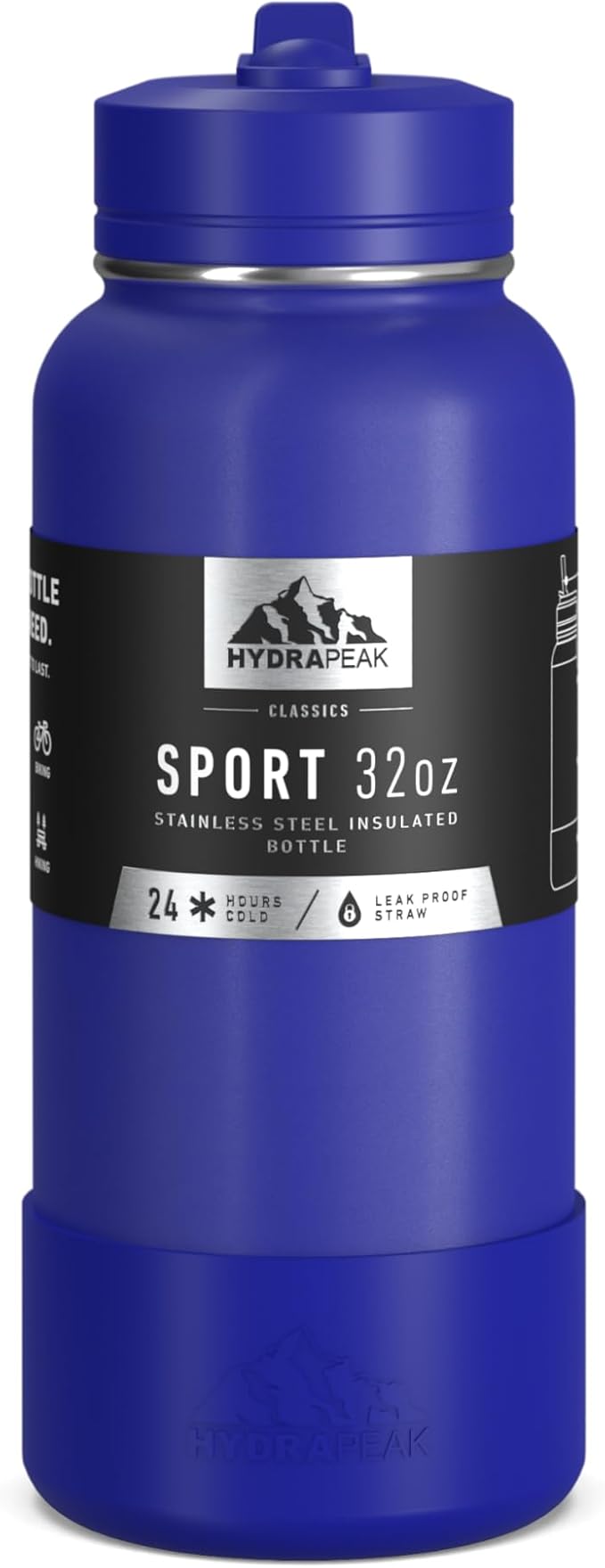 Hydrapeak 32oz Sport Insulated Water Bottle with Straw or Chug Lid, Leak & Spill Proof, Keeps Drinks Cold for 24 Hours, Hot for 12 Hours, Premium Stainless Steel Water Bottles (32oz, Saphire Blue)