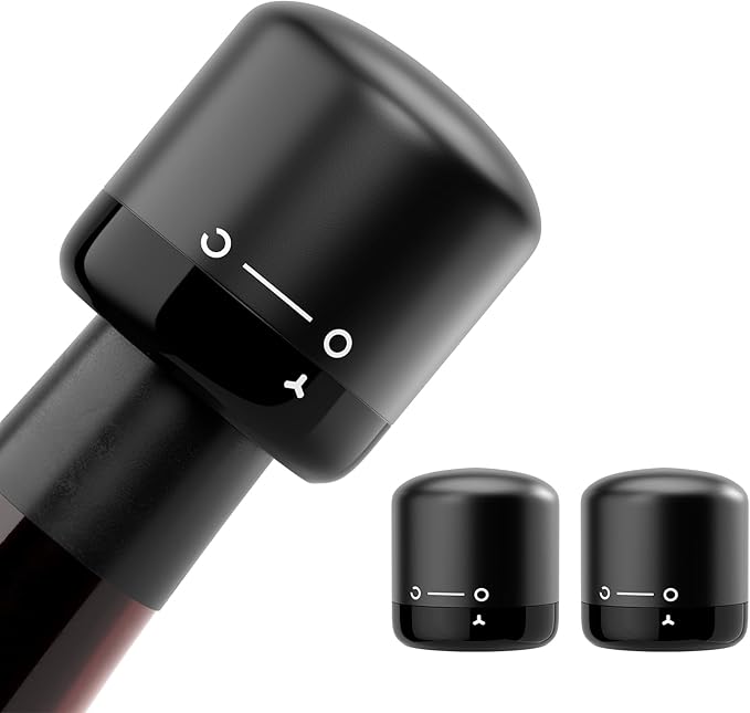 Wine Stoppers for Wine Bottles Set of 2, Leak-Proof Wine Saver, Reusable Wine Cork Cap, Wine Bottle Sealer for Parties, Ideal Gift for Wine Lover (Black)
