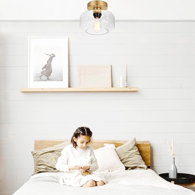 Industrial Semi Flush Mount Ceiling Light Brushed Gold, 800 Lumen LED Bulb Included, Clear Glass Shade Ceiling Light Fixture, Light Fixture for Hallway Bathroom Bedroom, Vintage Hanging Light Fixtures