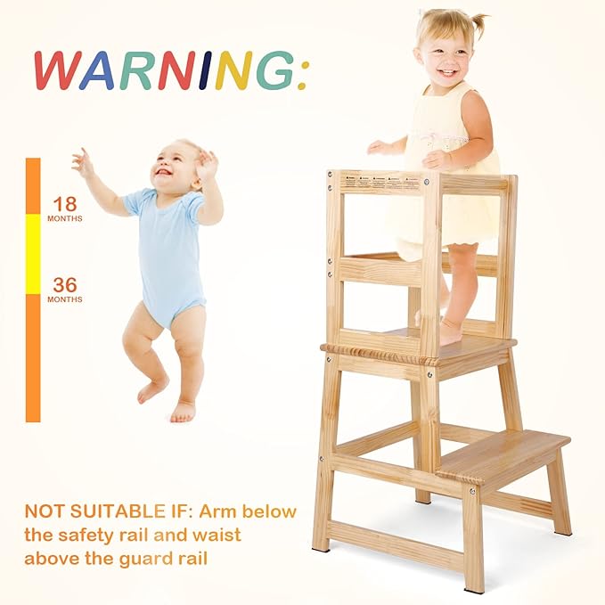 Kids Kitchen Step Stool with Chalkboard & Safety Rail for Toddlers 18 Months and Older, Safety Anti-Slip Protection, Removable Step Stool for Adult Use, Natural