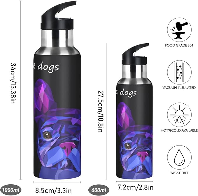 ALAZA Dog Cute Pet Animal Bulldog Water Bottle With Straw Lids Boys Girls,Vacuum Insulated Leakproof Stainless-Steel Sports Bottle Thermal Flask For Gym Yoga Camping,34Oz (1000Ml)
