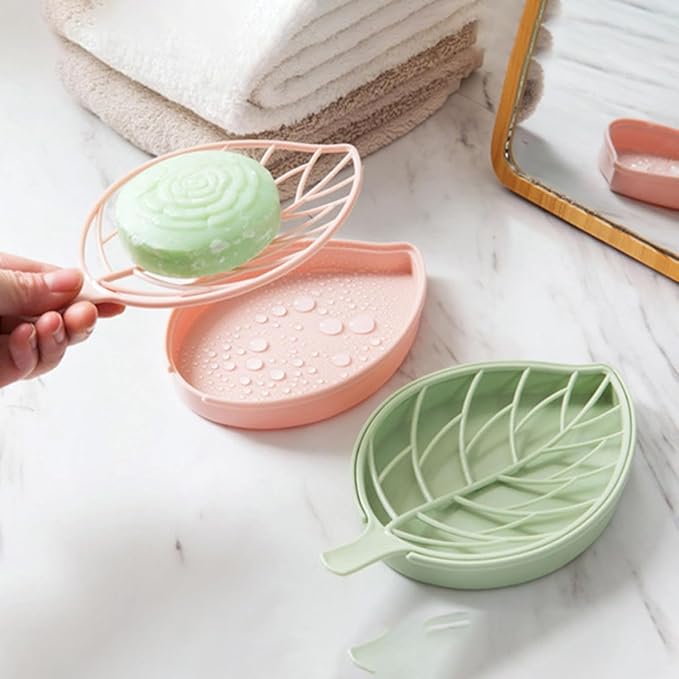 Creative Leaf Shape Soap Box, Double Layer Plastic Soap Holder, Soap Case Soap Dish,Green