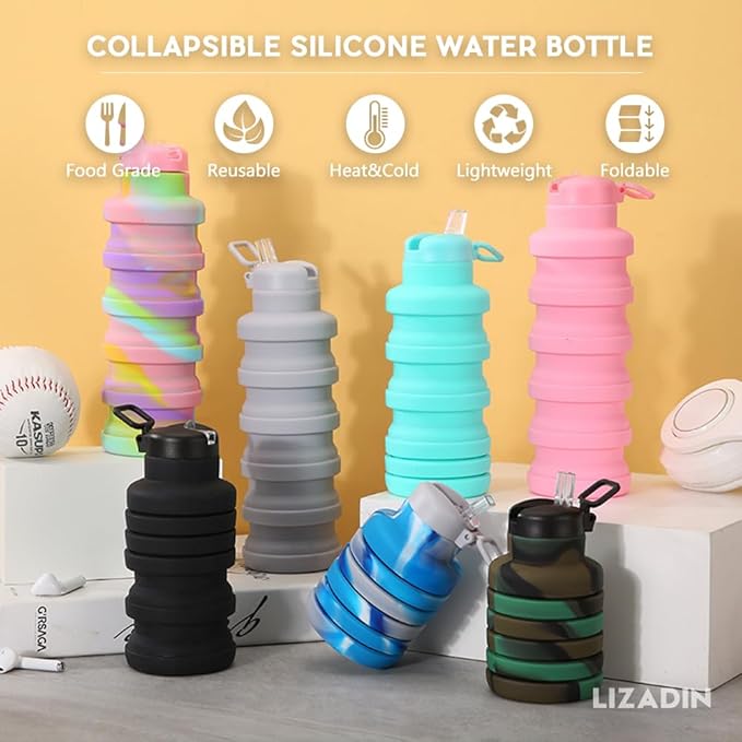 Collapsible water bottles 2 Pack with brush,BPA Free Travel Silicone Water Bottle with Carabiner,Reusable Foldable Portable Lightweight Sports bottles for Gym Camping Hiking (Pink+Aqua blue)