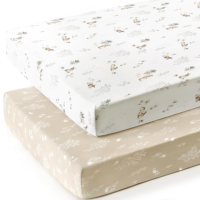 GRSSDER Stretch Ultra Soft Jersey Knit Fitted Crib Sheets Set 2 Pack,Fit All Standard Crib Mattress Pads Safe and Snug, Crib Fitted Sheet for Boys and Girls, Stylish Watercolor Rabbit Pattern