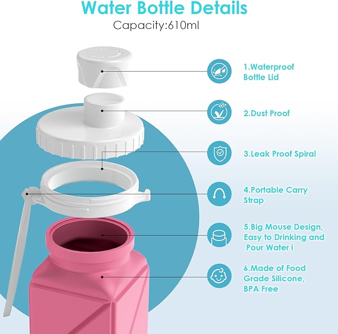 Collapsible Water Bottles 20.7oz Leakproof with Straw Lid Food-Grade BPA-Free Silicone Travel Foldable Water Bottles for Sports Office Gym Hiking Driving 610ML (Pink+Nave Blue+Green+Grey)