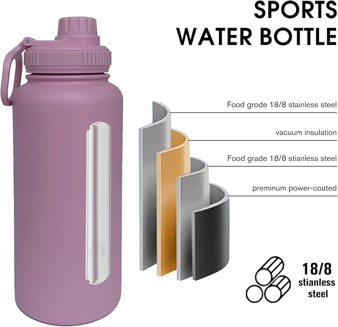 32oz Insulated Water Bottle ,Stainless Steel Sports Water Cup Flask with 2 Lids, Wide Mouth Travel Thermal Mug,Outdoor Sports Bottle(Jelly Purple)