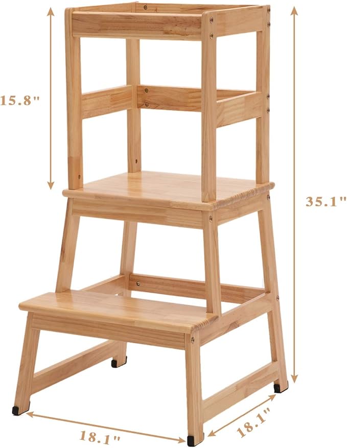 Kitchen Step Stool for Toddlers and Kids with Safety Rails for Kitchen Counter Solid Wood (Natural)